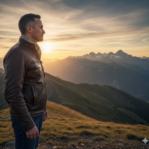Dağ Manzaralı Gün Batımı Portresi: Ufka Bakan Karizmatik Duruş